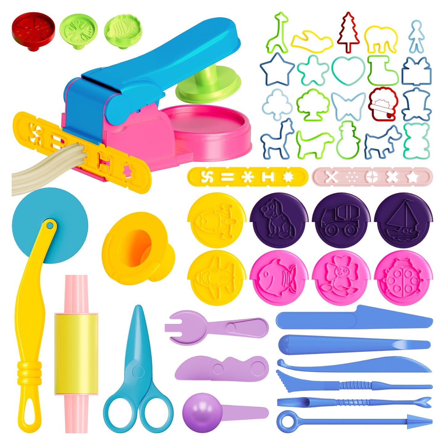 Dough Tools for Kids, 46Pcs Dough Toys Sets Playdough Accessories Include Play Food Molds - Cupcakes, Ice Cream, Noodle, Play Bulk Pack with Roller, Cutters, Scissor, DoughMat and Storage Bag Gifts