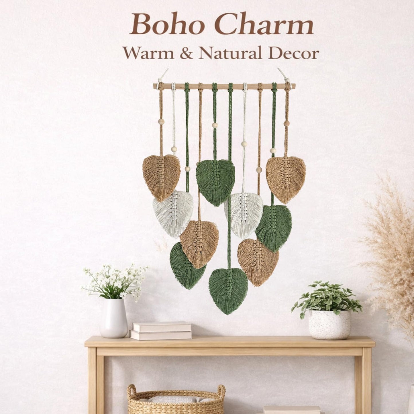 TUDRUKU 15.7x36 Inch Macrame Wall Hanging Nursery Decor Leaves Woven Tapestry Feather Handmade Yarn Tassels Boho Wall Decor for Bedroom Living Room Apartment Home Backdrop (Green)