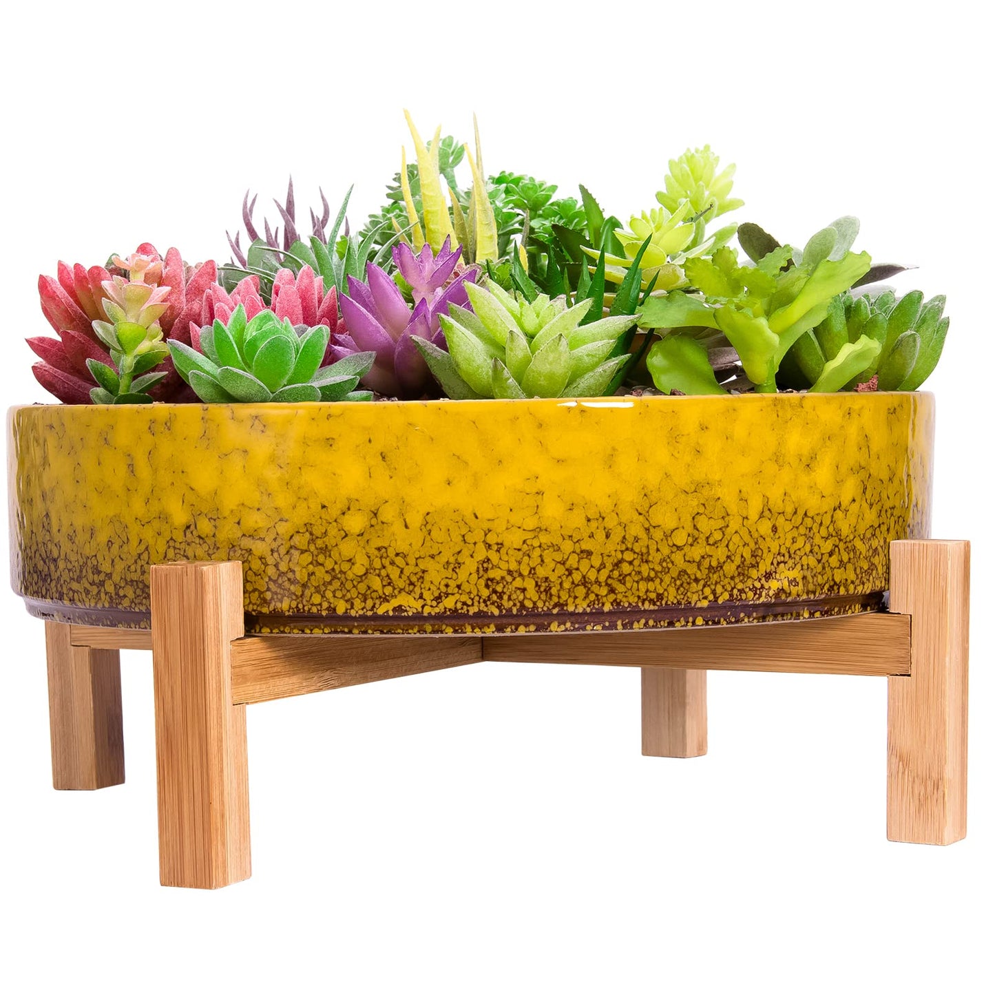ARTKETTY Succulent Pots - 11 Inch Large Succulent Pots with Drainage Shallow Succulent Planters for Indoor/Outdoor Cactus Flower, Ceramic Bonsai Pots with Bamboo Stand (Yellow)