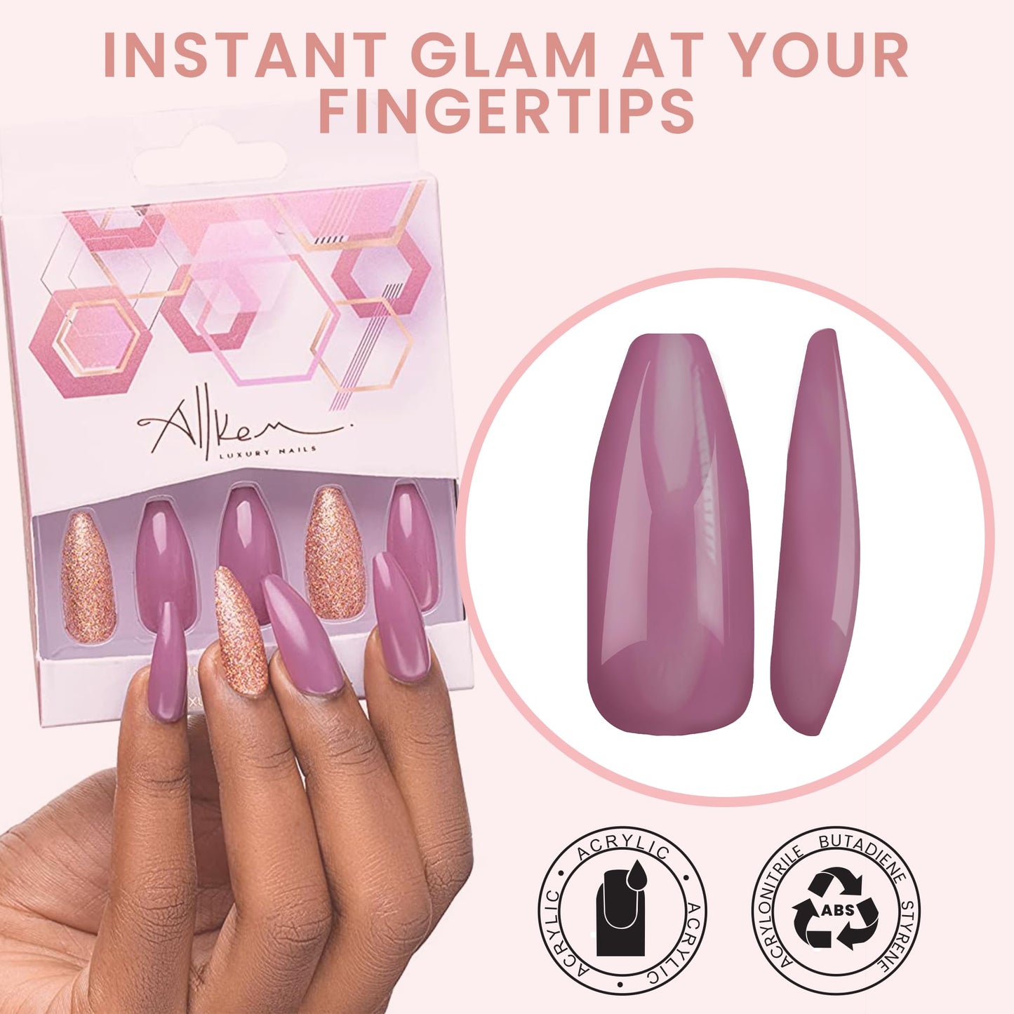 Allkem Berry Glam Press on Nails | Glossy Long coffin | 10 sizes - 20 pcs Ballerina Nail kit with Glue