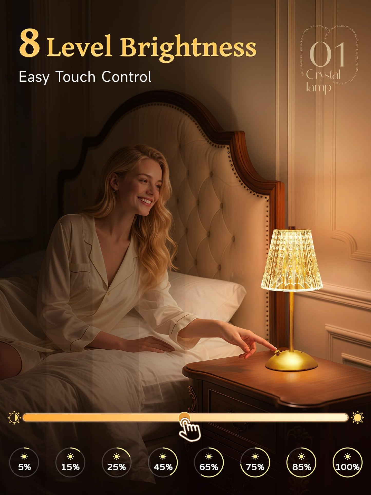 Upgraded Nightstand Lamps Set of 2, 3 Colors Dimmable Crystal Table Lamp Gold Lamp, Touch Lamp Bedroom Lamps, Rechargeable Small Lamp, Bedside Lamps Set of 2 for Bedroom Living Room Bathroom Hotel Bar