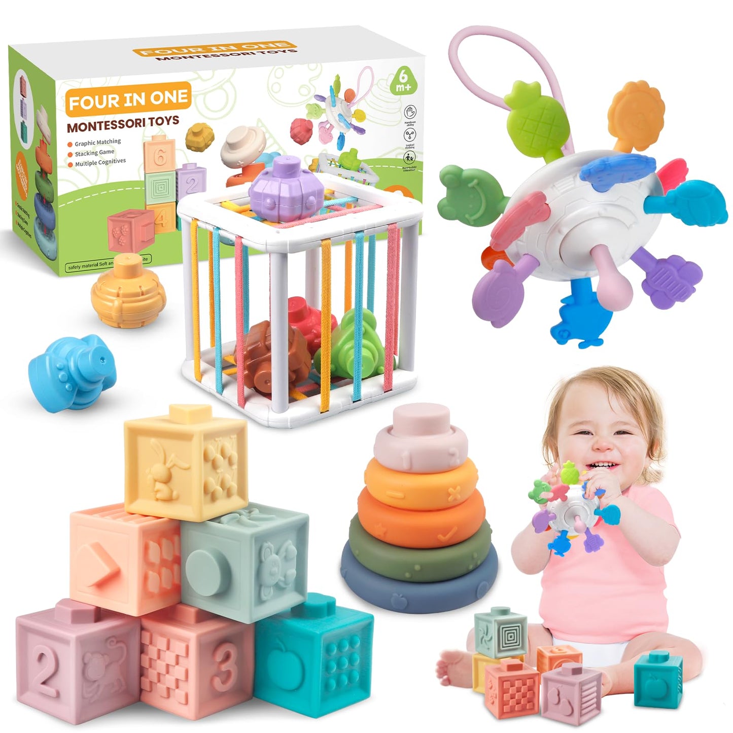 Plunack 4-in-1 Baby Toys Montessori Soft Stacking Blocks for Babies, Infants Teething Toys, Sensory Balls and Educational Learning Set for Toddlers (Boys & Girls)