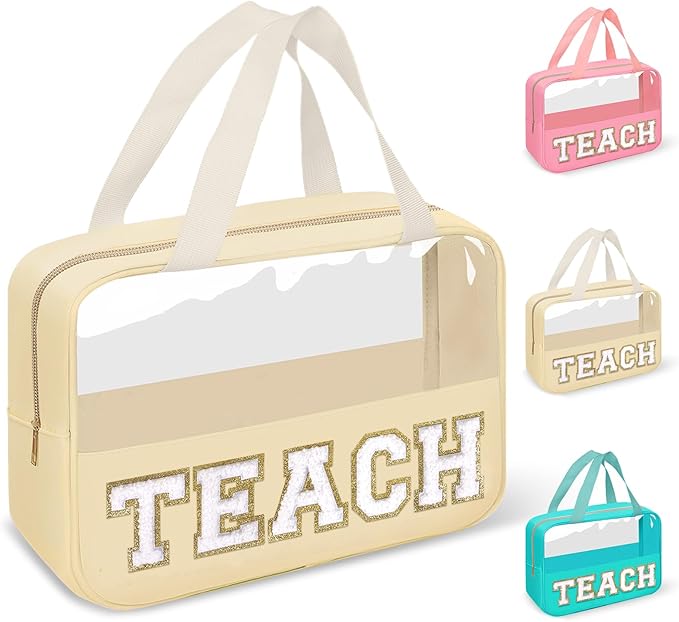 izuzta Teacher Appreciation Gifts TEACH Chenille Letter Clear Makeup Bag Pouch, Monogram Teacher Supplies Zipper with Handle Travel Cosmetic Bag Graduation Retirement Gifts for Women(TEACH-Beige)