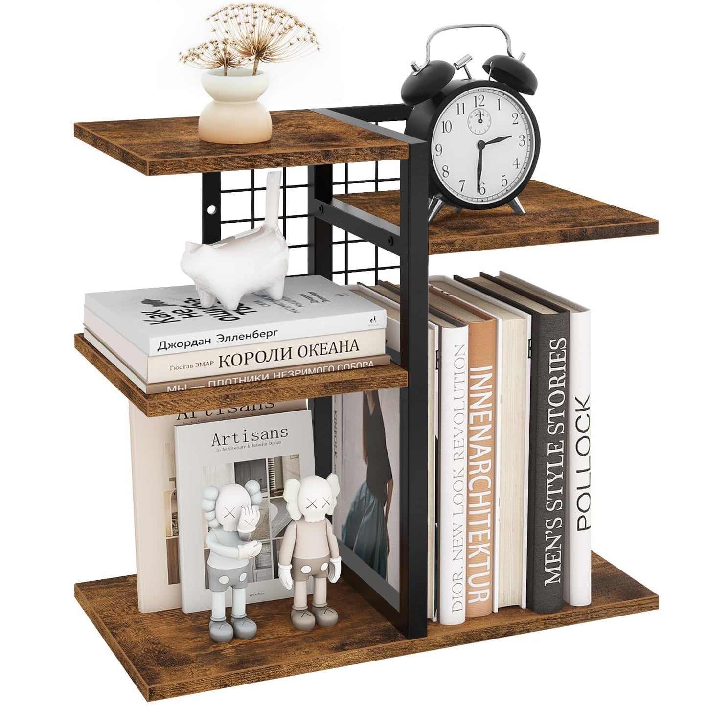 ELITEROO Desktop Shelf Organizer, 4-Tier Wooden Desk Bookshelf, Small Tabletop Book Shelf, Adjustable Display Rack for Home, Office, Dorm, Rustic Brown