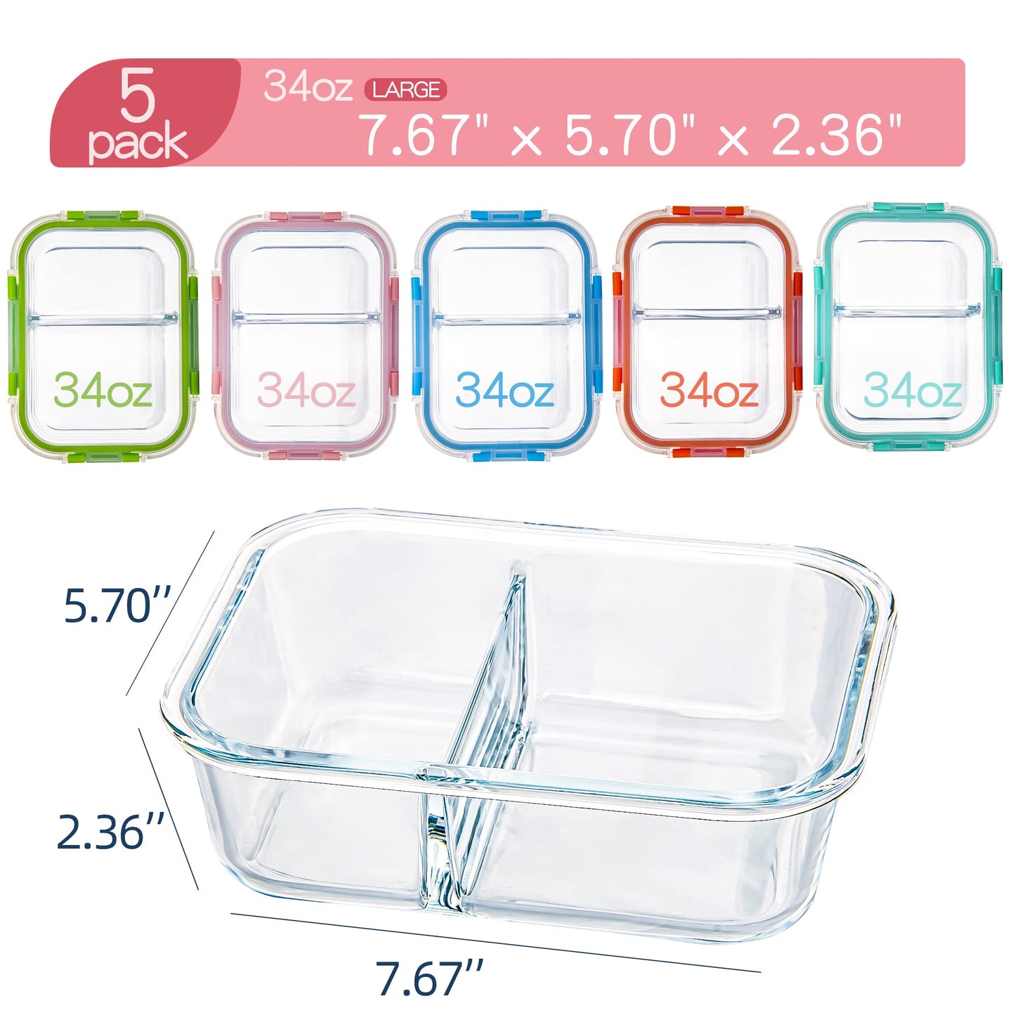 CZUMJJ Glass Meal Prep Containers 2 Compartment with Lids (5 Pack, 34oz), Divided Glass Storage Containers for Lunch at Work, Leak-Proof Portion Control Food Containers, Microwave/Dishwasher Safe