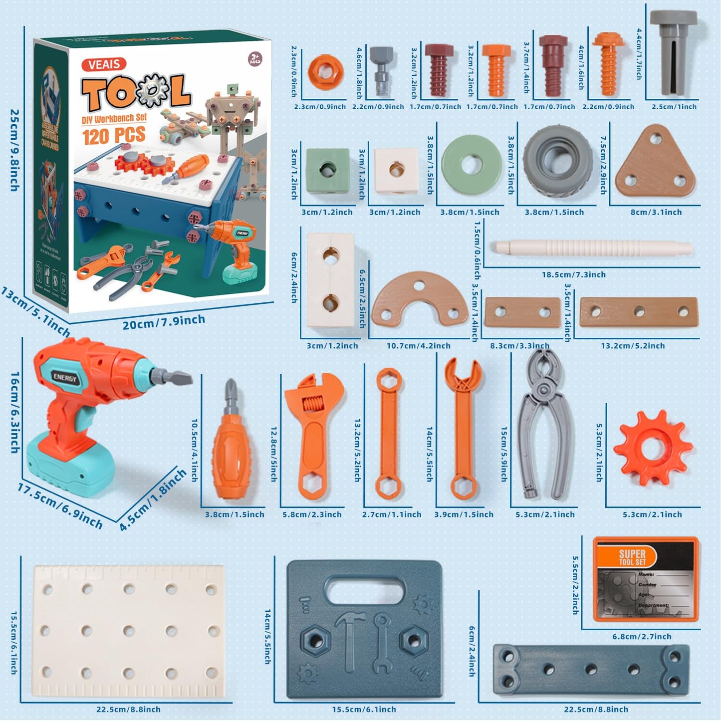 VEAIS Kids Tool Set with Drill,120Pcs Toddler Tool Set with ToolBench,Montessori Toy for 2+Year Old,Educational STEM Construction Toys for Ages 2-4,Pretend Play Toddler Toys 3-5 Year Old Birthday Gift