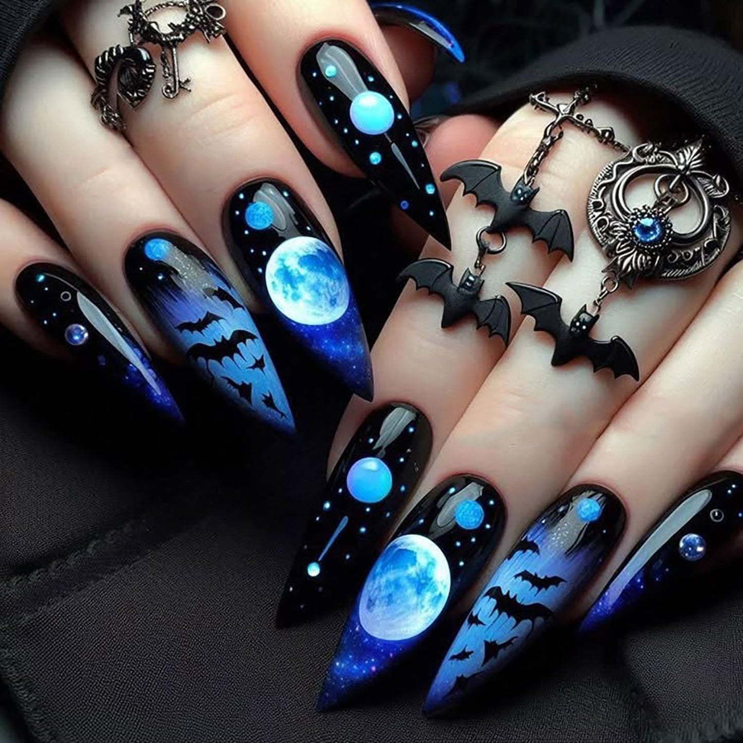 Almond Tip Halloween Press on Nails Long Horror Bat Moon Pattern Halloween Nail Full Cover Glossy Artificial Acrylic False Nail French Tip Blue Gradient Stick on Nails for Women Festival Decoration