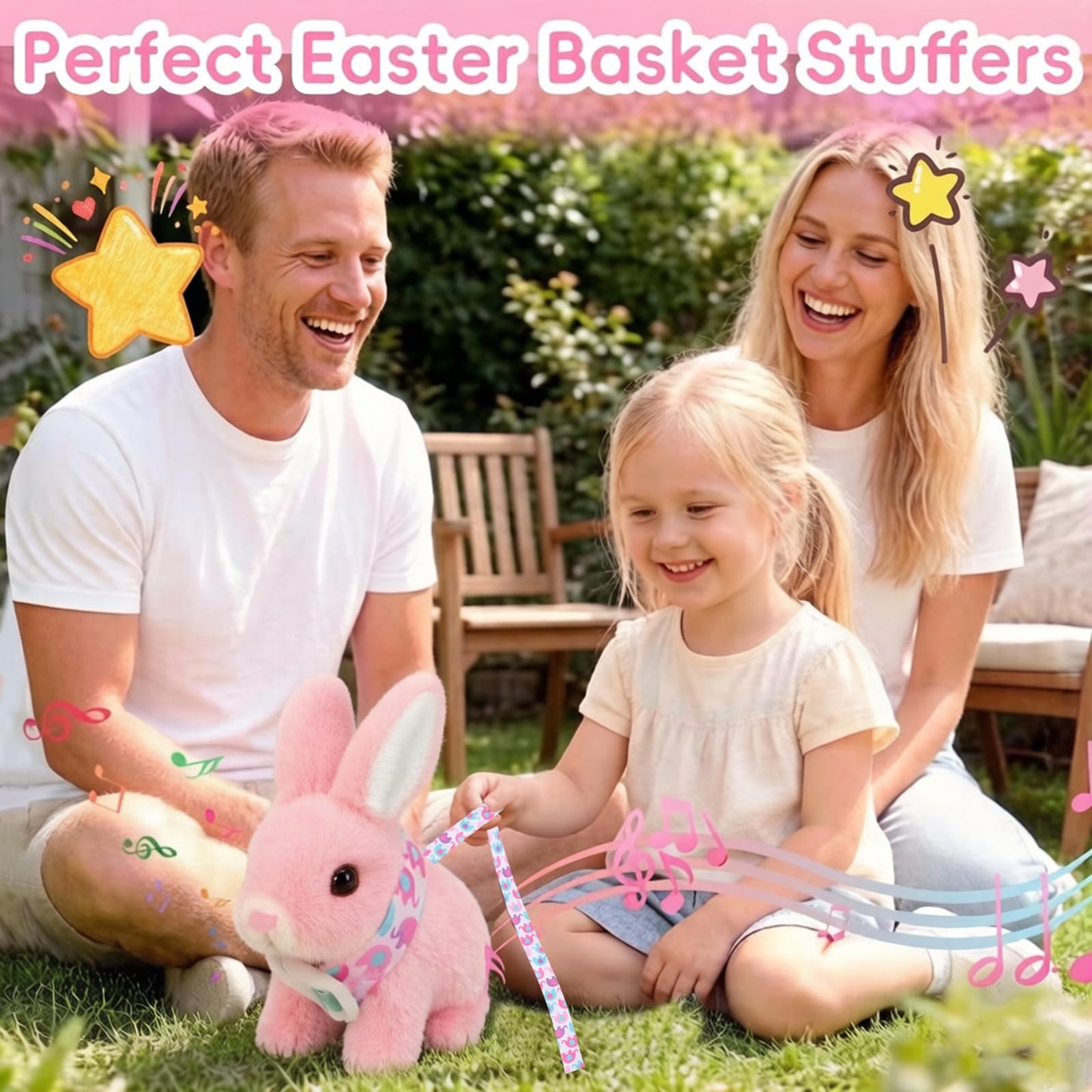 Sprstar Easter Bunny Toy,Bunny My Realistic Bunny Toy,Hopping Rabbit Plush Bunny Toy,with Sounds and Movements Animated Walking Wiggle Ears Twitch Nose Gift for Toddlers Birthday(Pink Rabbit + Leash)