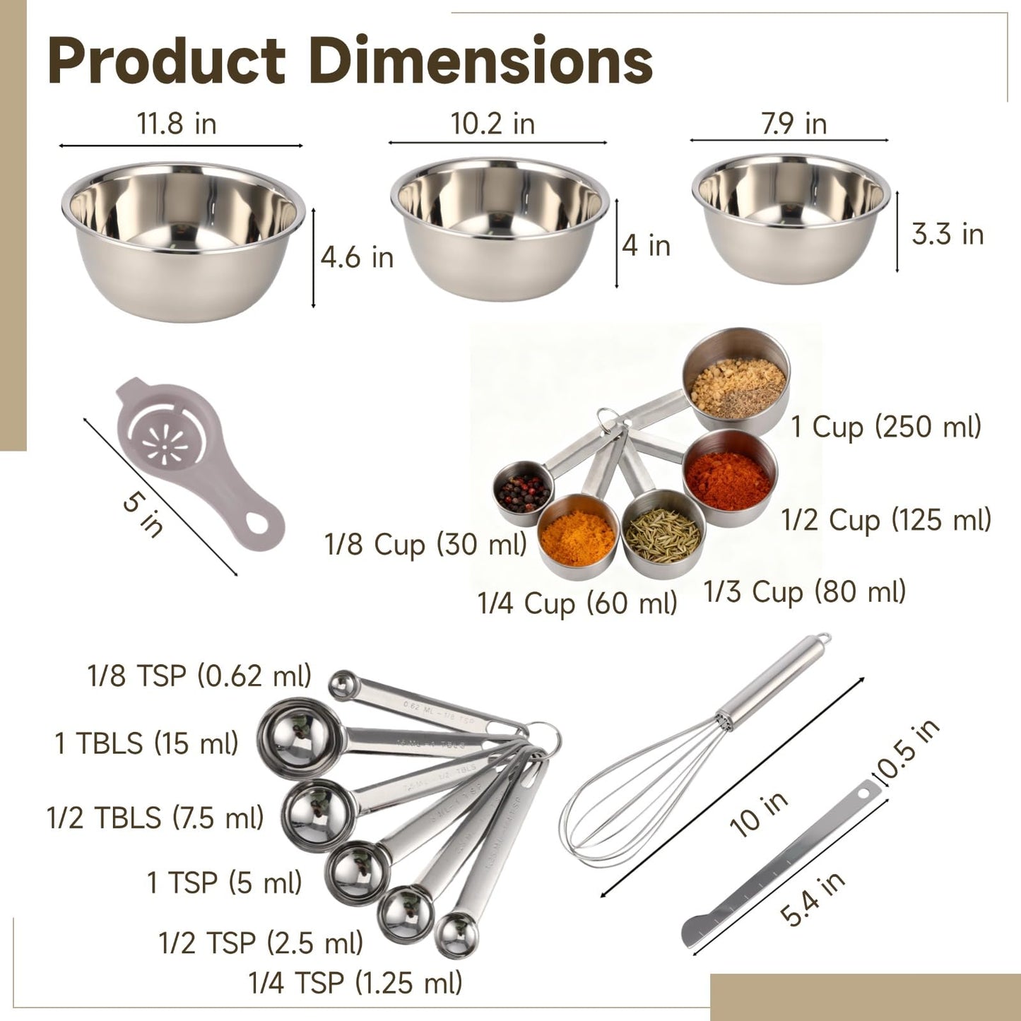 17 PCS Stainless Steel Mixing Bowls Set, Includes 3 Sizes Containers, 12 Measuring Tools, 10 in Whisk, Plastic Egg Separator, Essential Kitchen Utensil Set for Cooking, Baking, Meal Prep