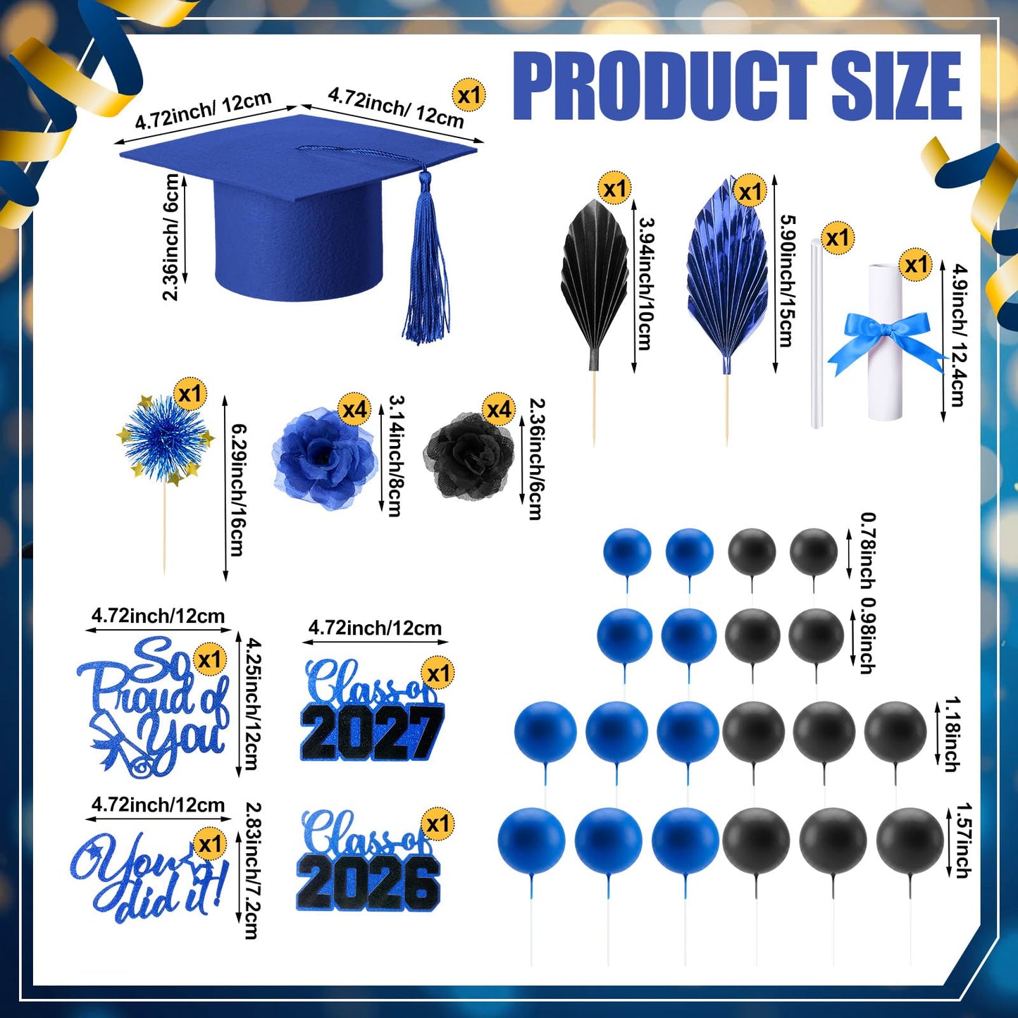 Sureio 48 Pcs Graduation Cake Toppers Class of 2026 Congrats Grad Cake Decor Graduation Cap Diploma Artificial Flower Card Ball Palm Leaves Firework Stick Kit for Theme Party Supplies (Blue, Black)