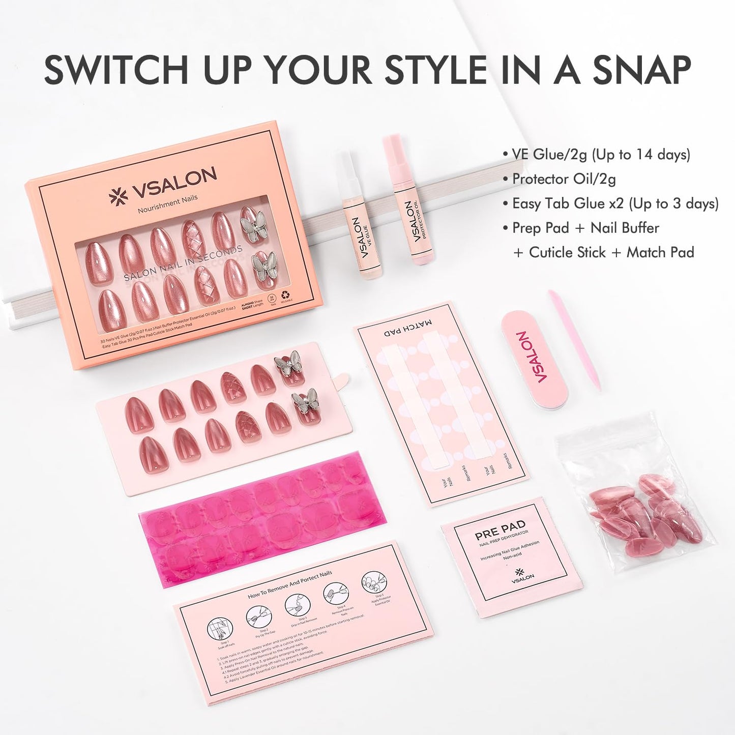 Press on Nails - Short Almond Pink Cat Eye Butterfly Nails & Blue Cat Eye - 2 Reusable Nails Kit (Nourishment Nails & Mini Pack) - 16 Sizes
