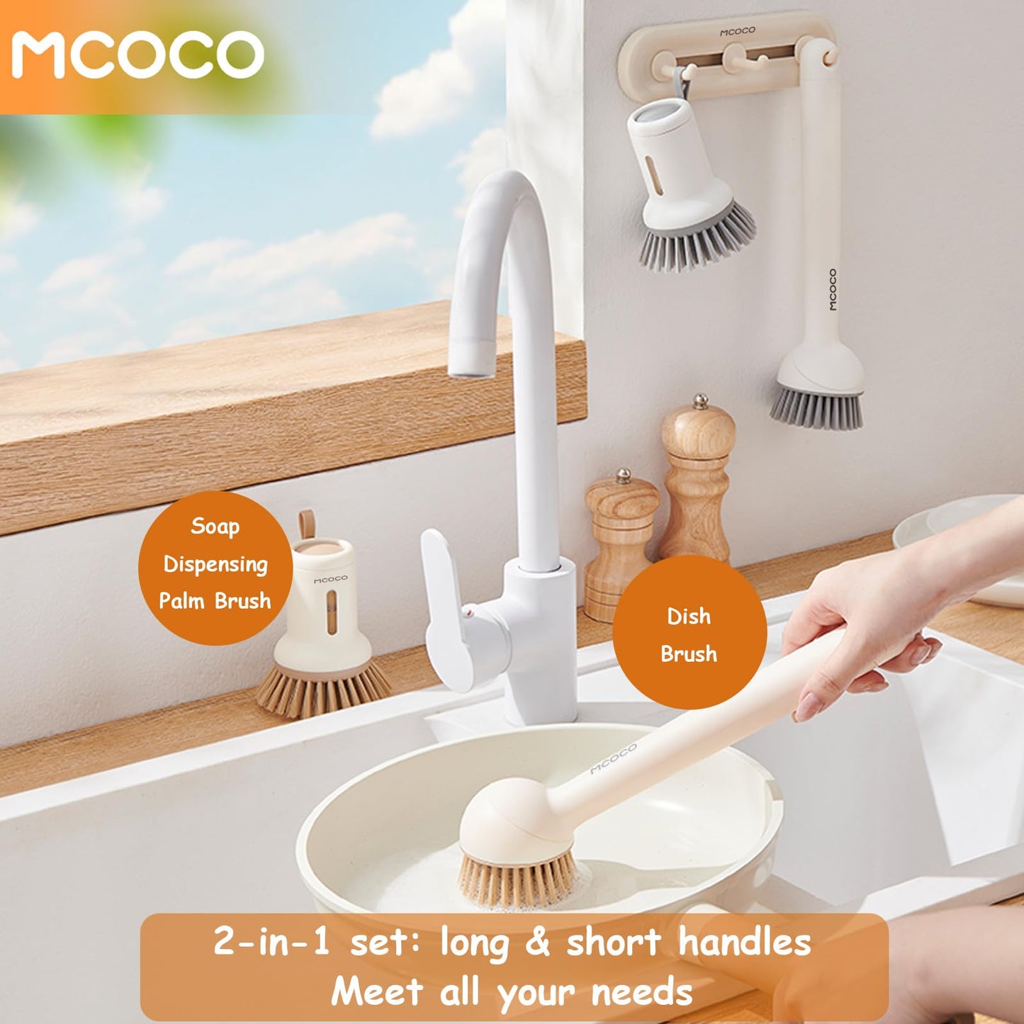 MCOCO Dish Brush Set with Soap Dispensing Palm Brush Dish Scrub Brush with Soap Dispenser Palm Dish Brush Kitchen Cleaning Brush with Ergonomic Long Handle for Cleaning Sink, Pot, Pan, Stove, Yellow