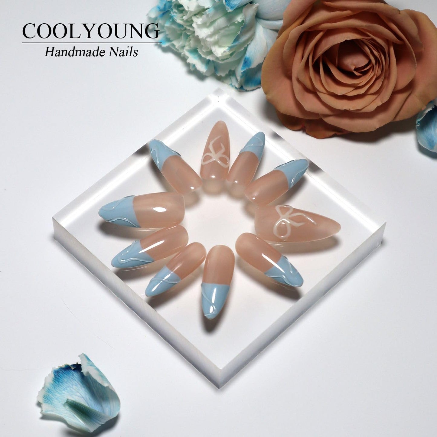 Homemade Press On Nails, Almond Nails, 3d Press On Nails, Nude Nails, Press On Nails With Designs, French Tip Nails, Blue Press On Nails, COOLYOUNG Handmade Nails, 10 PCS, Size S