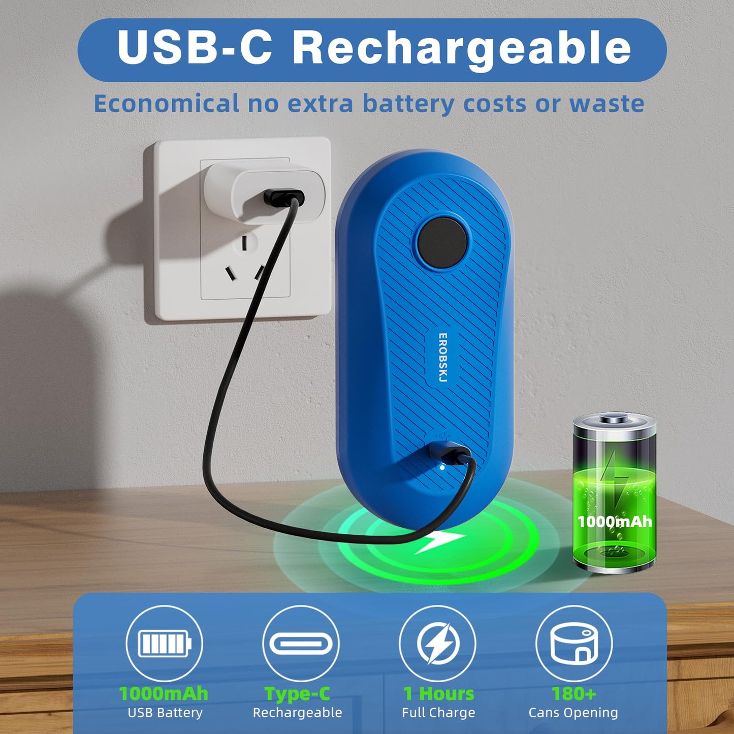 EROBSKJ Auto Electric Can Opener, Rechargeable Can Openers for Seniors & Arthritis, One-Touch Automatic Can Opener, Hands-Free, Smooth Edge, Compact,Small - Auto Stop，Blue