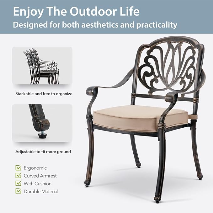 9-Piece Cast Aluminum Patio Furniture, Outdoor Dining Sets for 8 Include 87" Rectangular Patio Dining Table and 8 Stackable Chairs with Cushions & Umbrella Hole (Bronze)