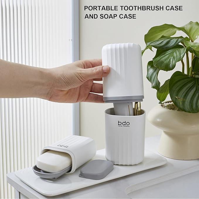 2Pcs Toothbrush Travel Case & Travel Soap Holder Dish Tray, Portable White Toothbrush Holders with Cover Leakproof Bar Soap Holder for Traveling School Camping Business Trip Bathroom