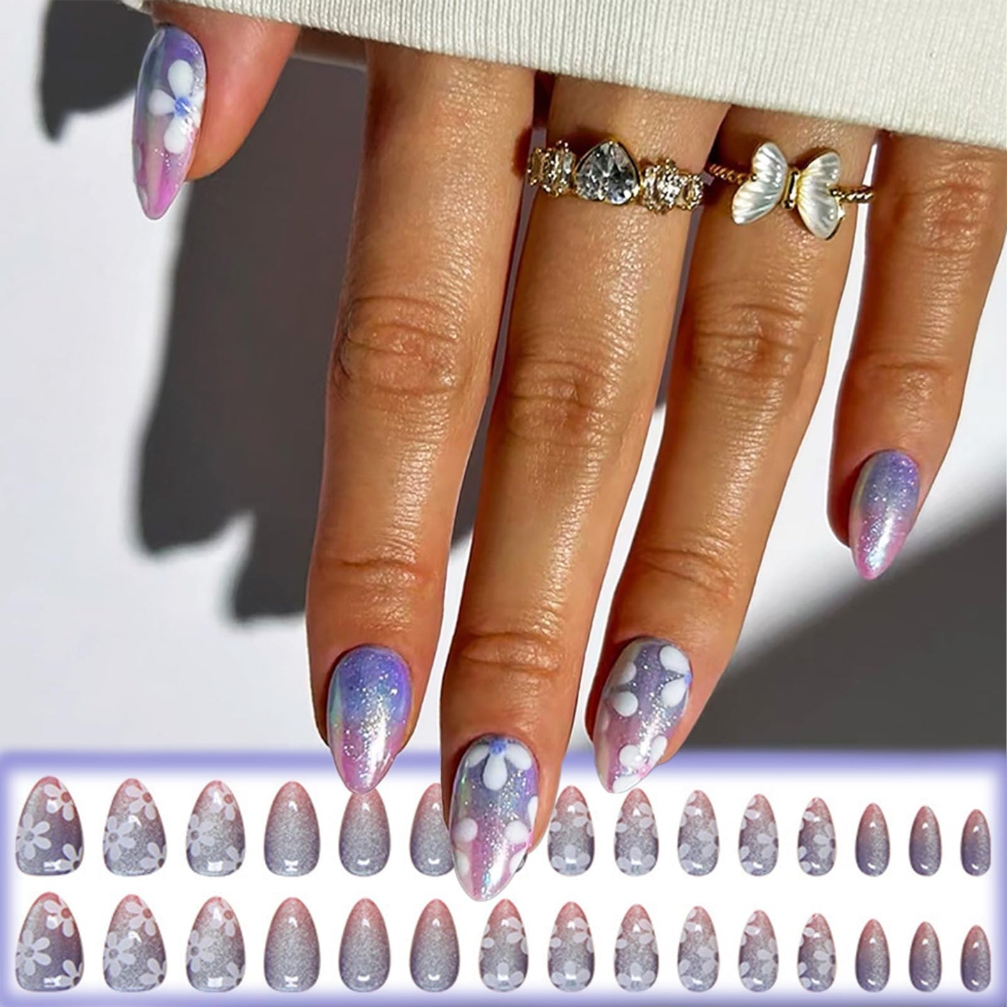 Pink Gradient Cat Eye Press on Nails Glossy Blue Ombre Cat Eye Acrylic Fake Nails 24Pcs White Flower False Nails Gel Glue on Nails for Manicure Cat Eye Stick on Short Almond Nails for Coquette Women