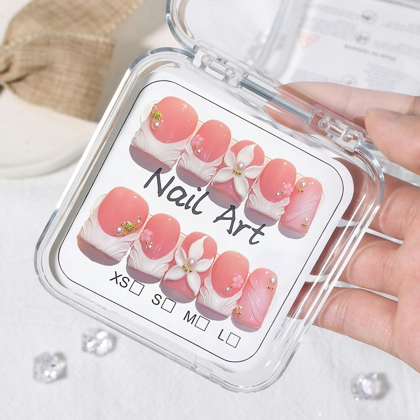 10 Pcs Handmade Press on Nails Short Square Fake Nails with 3D Flower Peal Design White French Tip False Nails Short Press Ons Nails Square Pink Acrylic for Women M Size