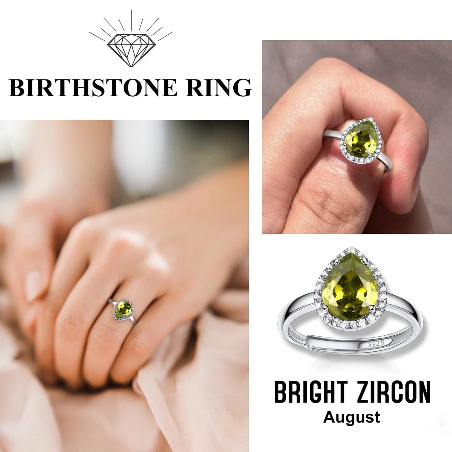 Bestyle 925 Sterling Silver Infinite Birthstone Rings August Teardrop Peridot Crystal Rings, Dainty Love Statement Rings Adjustable, Minimalist Gift on Birthday/Valentines/Thanksgiving/Christmas