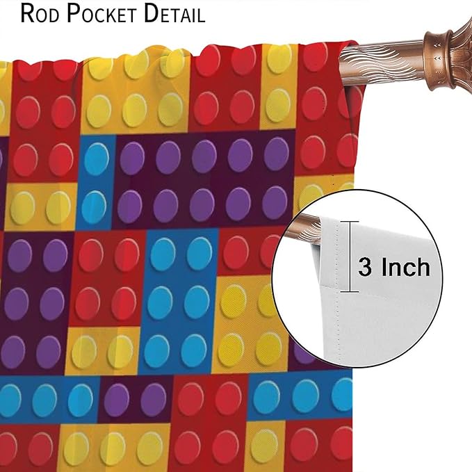 Building Block Colored Curtains, Children's Themed Curtains Collection Building Block Patchwork Cartoon Print Curtains, Light Trim 2 Panel Set Rod Pockets 55x63in