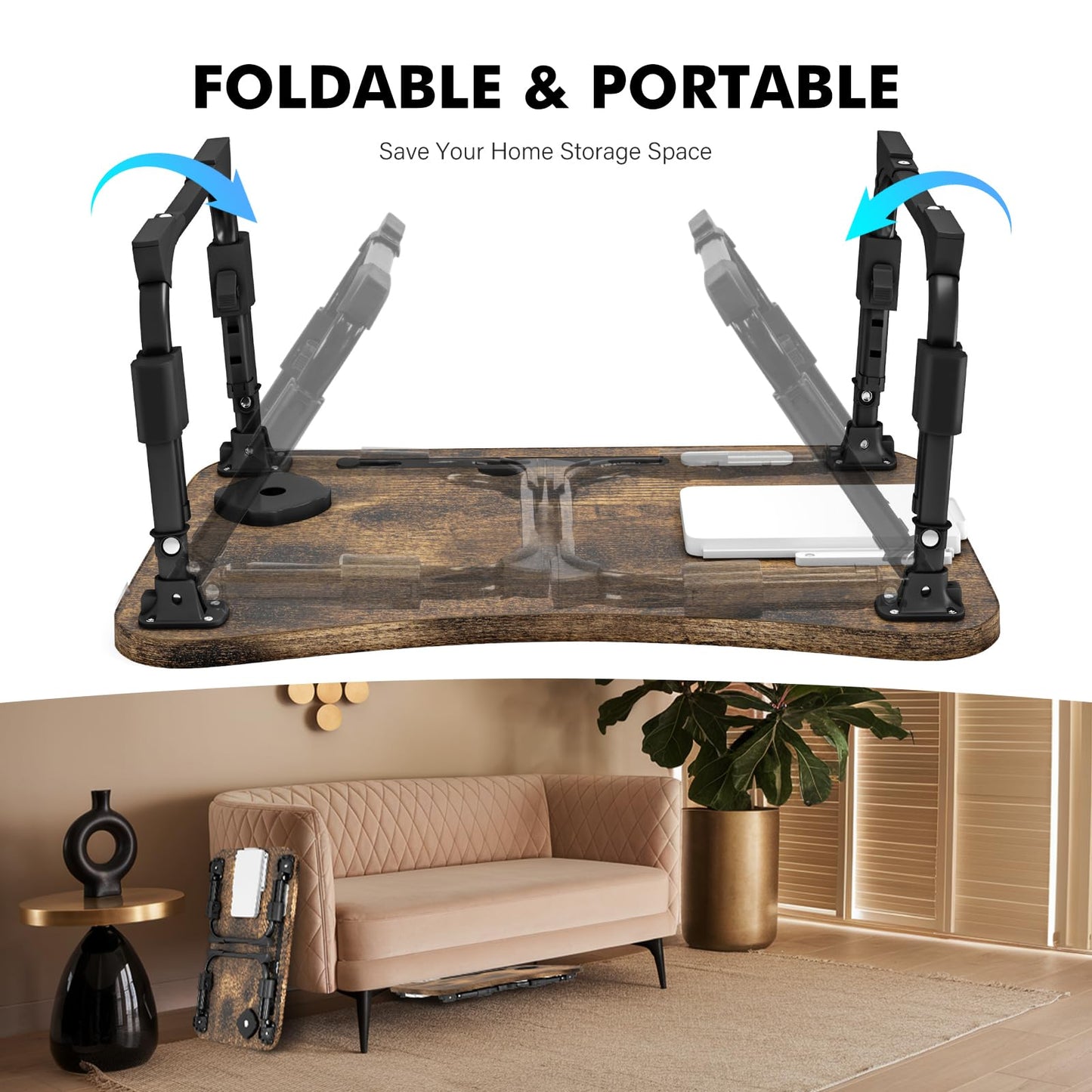Lap Desk for Bed Adjustable Height, Foldable Bed Table with Storage Drawer, Tablet Slot & Cup Holder, Portable Laptop Stand for Bed & Sofa, Bed Desk for Adults & Kids, Carbonized