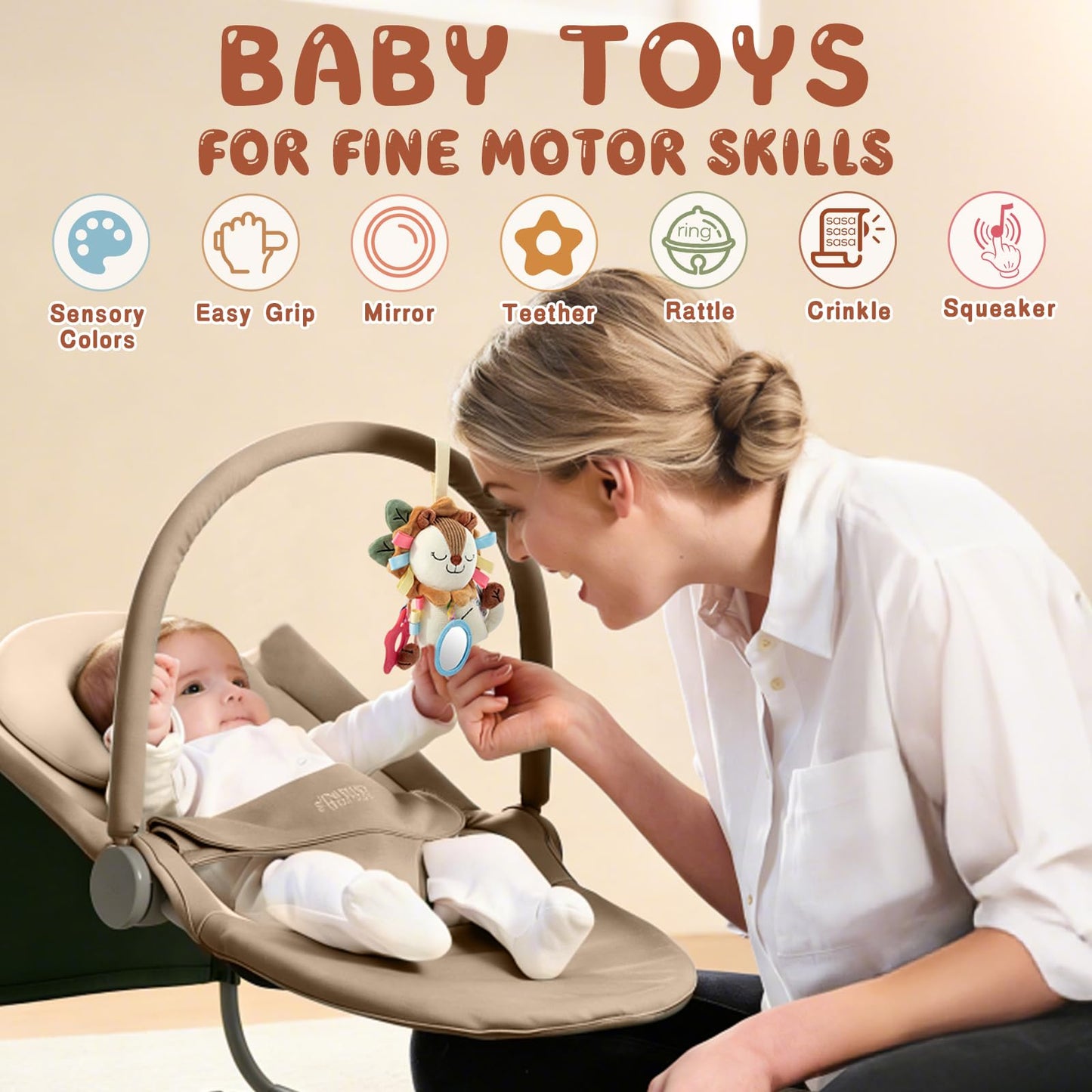 TYRY.HU Car Seat & Stroller Activity Toy,Soft Plush Cot Hanging Toy, Baby Rattle Toy with Strap,Developmental Sensory Toy-Textured Ribbons&Teether&Mirror&Crinkle Sounds for Infants 0 3 6 12 Months