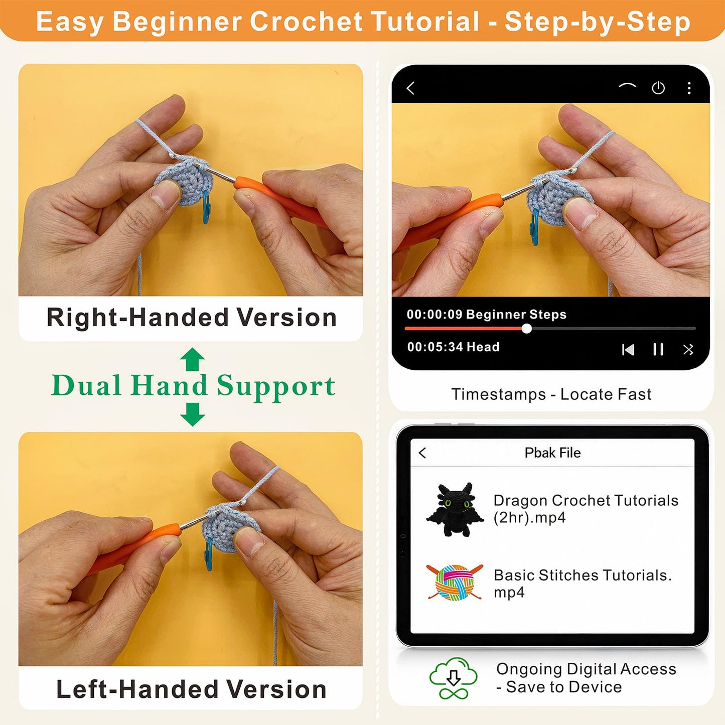 LuNuaFvy Crochet Kit for Beginners Kids & Adults - Complete Animal Starter Kit to DIY 2 Cute Amigurumi Dragons, Easy-Follow Book & Video Tutorial (4hr), Soft Yarn, 2 Bags(Gift & Storage)