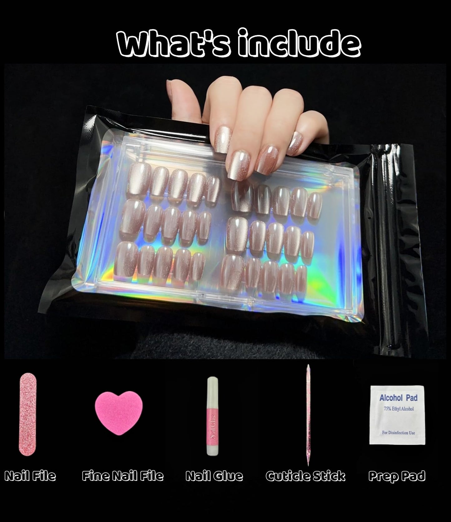 Incantevole Cat's Eye Press On Nails (30PCS； SIZE：XS-S-M), Short Square Nails, Handmade Nails, Enhanced Glossy False Nail Tips (Mirror Finish Champagne Pink)