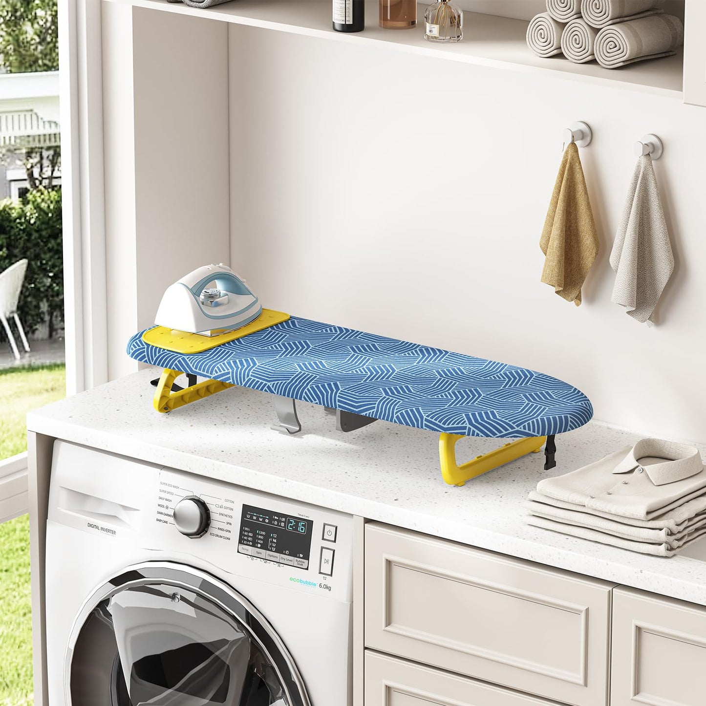 KINGBOARD Tabletop Ironing Board, Small Ironing Board with Iron Holder, Foldable Mini Iron Board, Easy Storage for Travel & Dorm, 12x32 Blue