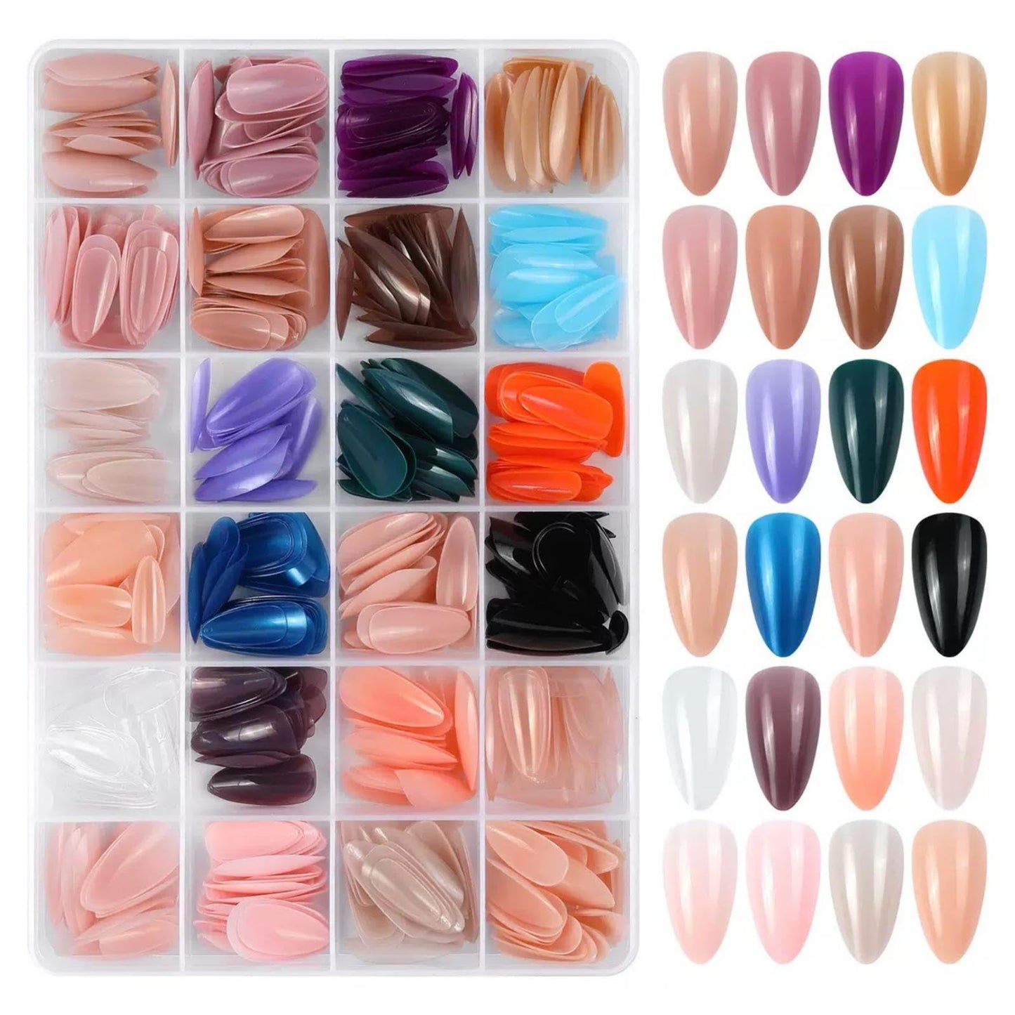 576Pcs Medium Almond Press on Nails Full Cover Color Fake Nails with Designs Glossy Artificial False Nails 24 Solid Color Glue on Nails Reusable Acrylic Stick on Nails for Women Girls Nail Art DIY
