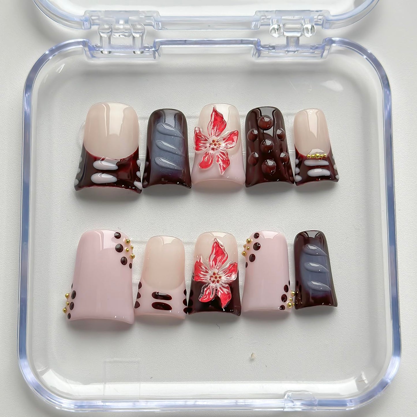 Luxury Press on Nails Short Duck Handmade 3D Unique Reusable ABS Material Fake Nails French Tip False Nails with Designs Flower Polka Dots Purple Glossy Glue on Nail Thick Acrylic Nail(S)