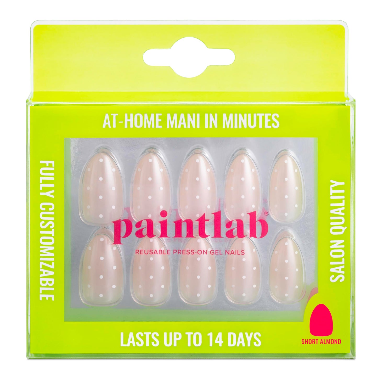 PaintLab Press On Nails - Sugar Dot Glaze Nude Short Almond Fake Nails, 30 Nails in 15 Sizes with Glue, Reusable Salon Quality Press On Nails