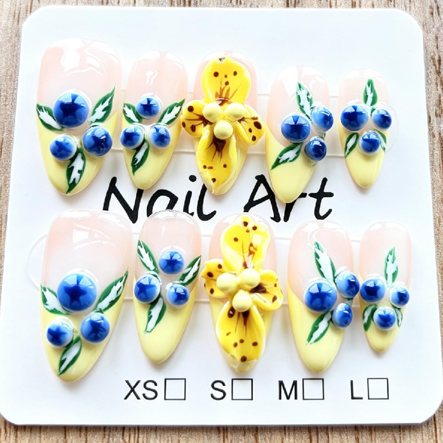 Threelegscat Handmade Almond Press on Nails-Medium, Yellow 3D Flower Nude Reusable Fake Nails for Women Daily Wear, Party, Dating 10 PCS (Size M)