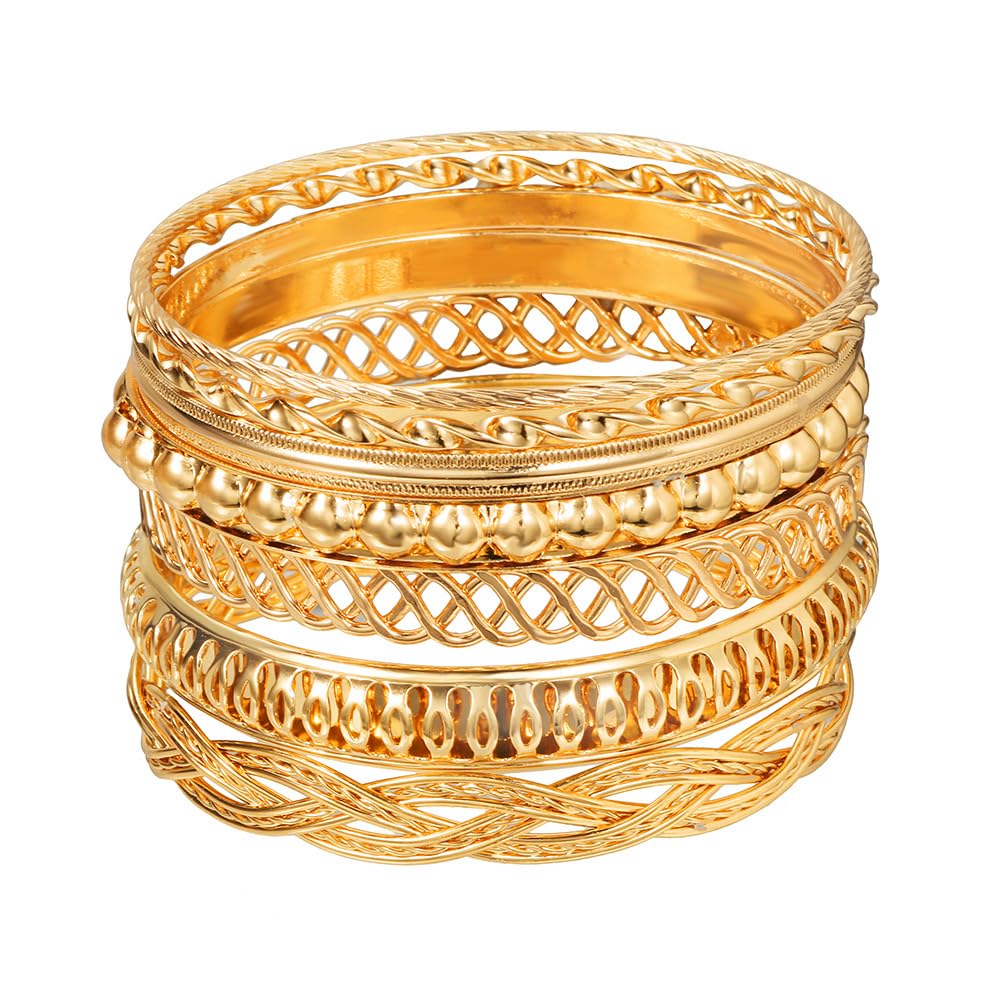 RINTOLER Vintage Hollow Pattern Gold Bangle Bracelet for Women - Bohemian Multi layered Stackable Texture Gold Bracelet Set Jewelry