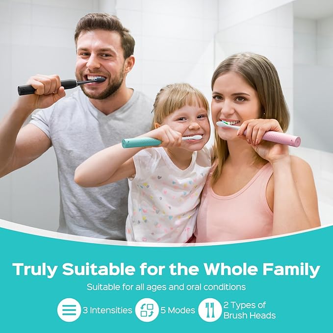 COSLUS Sonic Electric Toothbrush for Adults: 3 Intensities & 5 Modes Gum-Friendly for Deep Cleaning & Whitening - 2 Types of Heads for Family, Sensitive Teeth, Braces, Travel & Home Use, Black