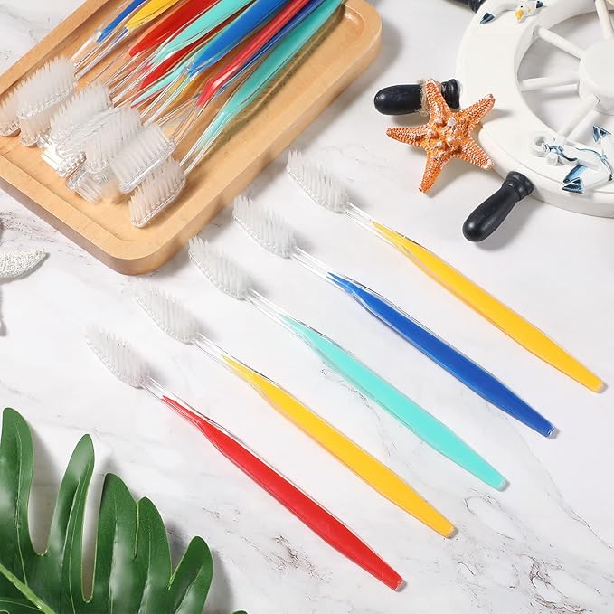 Patelai Disposable Toothbrushes Individually Wrapped Toothbrushes Medium Soft Bristle Tooth Brush Manual Disposable Travel Toothbrush Set for Adults Kids Travel Toiletries, 4 Colors (100 Pieces)