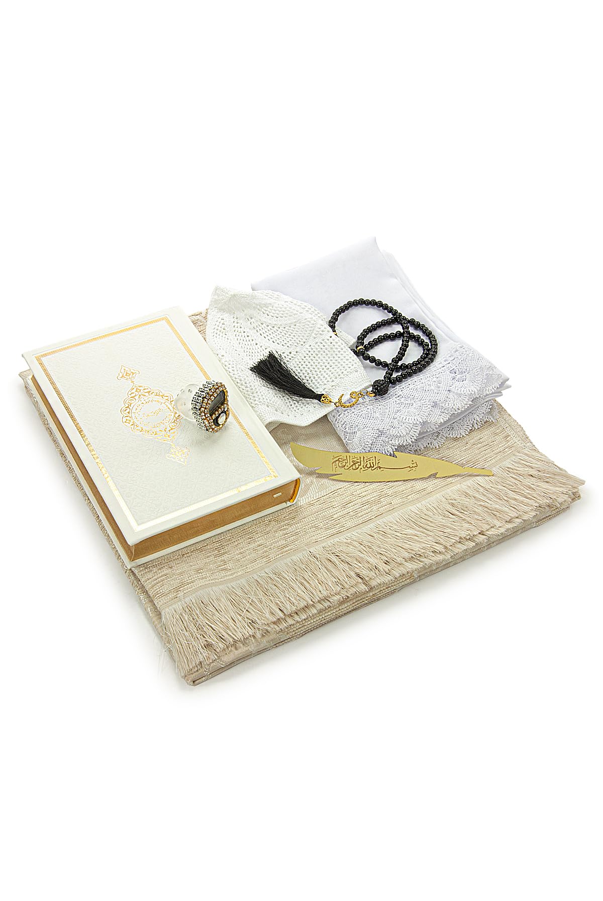 ihvan online Muslim Prayer Rug Set, Islamic Dowry Gift Box for Men & Women, Shawl, Kufi Hat, Digital Beads Counter, Quran Gift, Elegant Islamic Gifts Set for Ramadan & Eid & Wedding, White