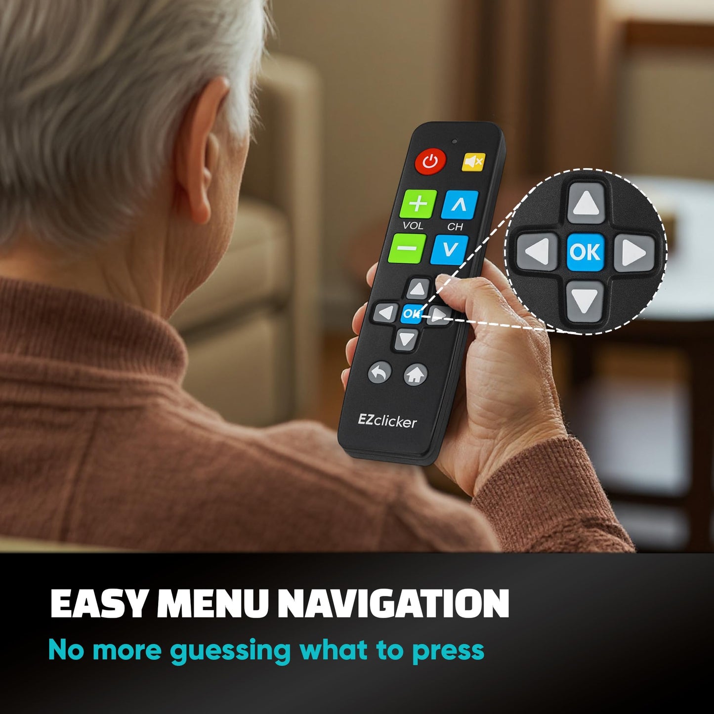 EZclicker Big Button Universal TV Remote (Black) Simple Easy to Use, Great for Seniors, Works with Major TV Brands (2xAAA Batteries Not Included)