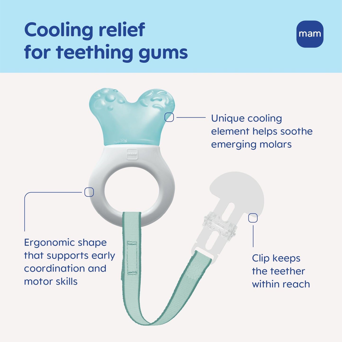 MAM Mini Cooler Baby Teether with Clip (2 Pack) – Cooling Teething Rings for Teething Relief, Lightweight Easy-Grip Design, Reaches Back Teeth, Refrigerator Safe Infant Teething Toy