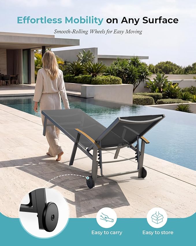 Ciokea Outdoor Lounge Chair with Pillow Set of 2, 5-Position Aluminum Chaise Lounge with Wheels & Armrests, 400 lbs Heavy Duty Patio Pool Chair for Backyard, Deck, Beach & Poolside, Grey