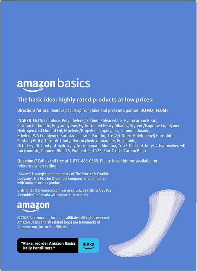 Amazon Basics Daily Pantiliner, Regular Length, Pads for Women, Unscented, 300 Count (6 Packs of 50) (Previously Solimo)
