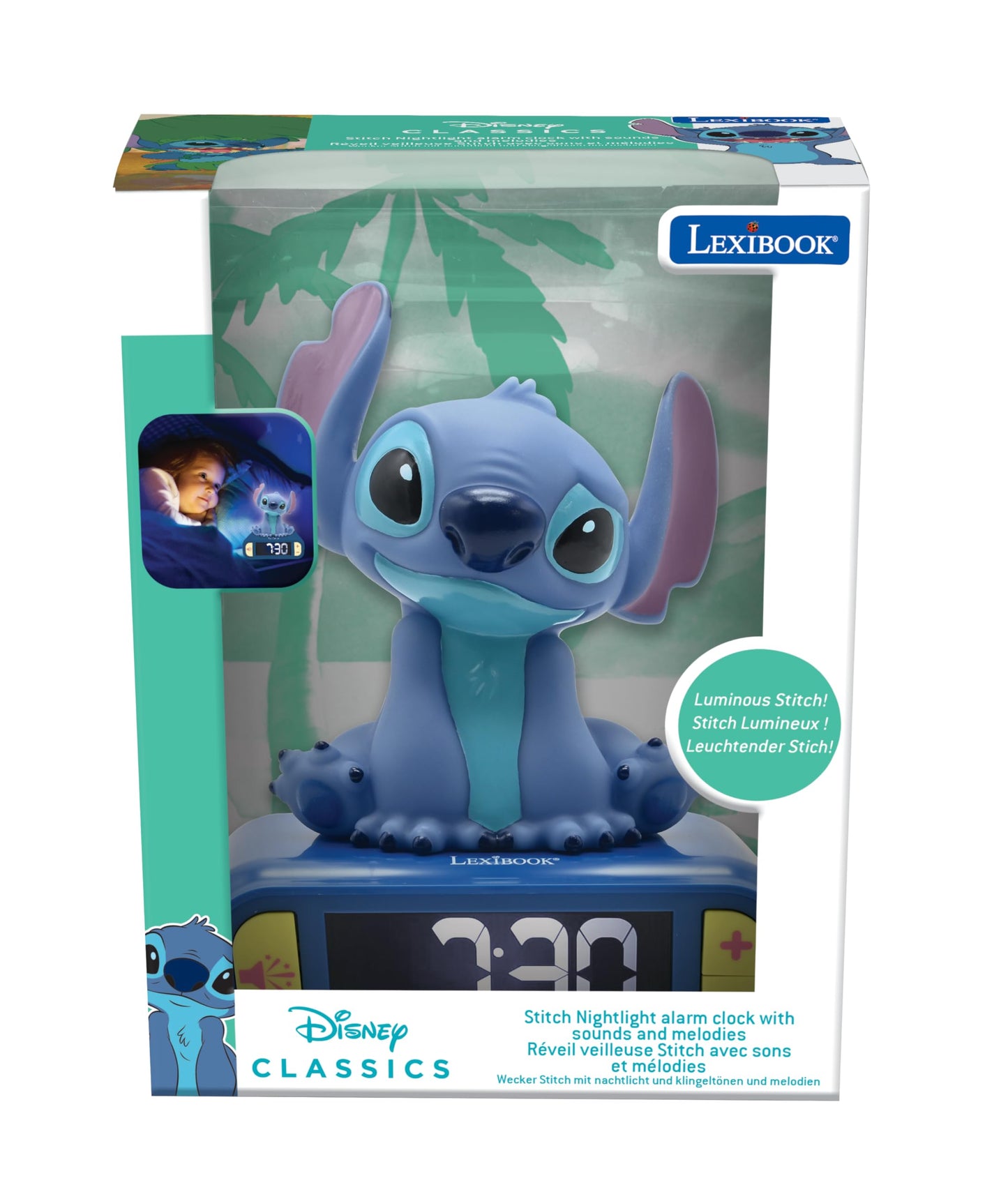 LEXiBOOK, Disney Stitch, Stitch Nightlight Alarm Clock, Sounds and Melodies, LCD Backlit Screen, Luminous, Snooze, Blue, RL800D