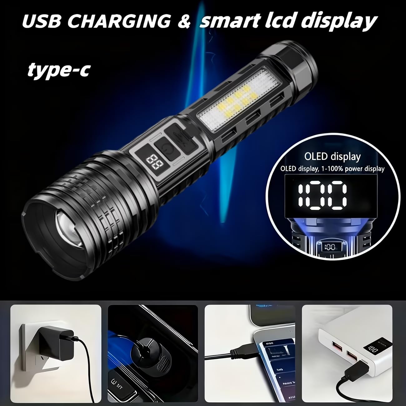 1PC/2PCS high Brightness Rechargeable LED flashlights, with a Total of 7 Modes, COB Side Light - red Blue Flash with Digital Display Function, Gift Box Set, Suitable for Emergency situations (2)