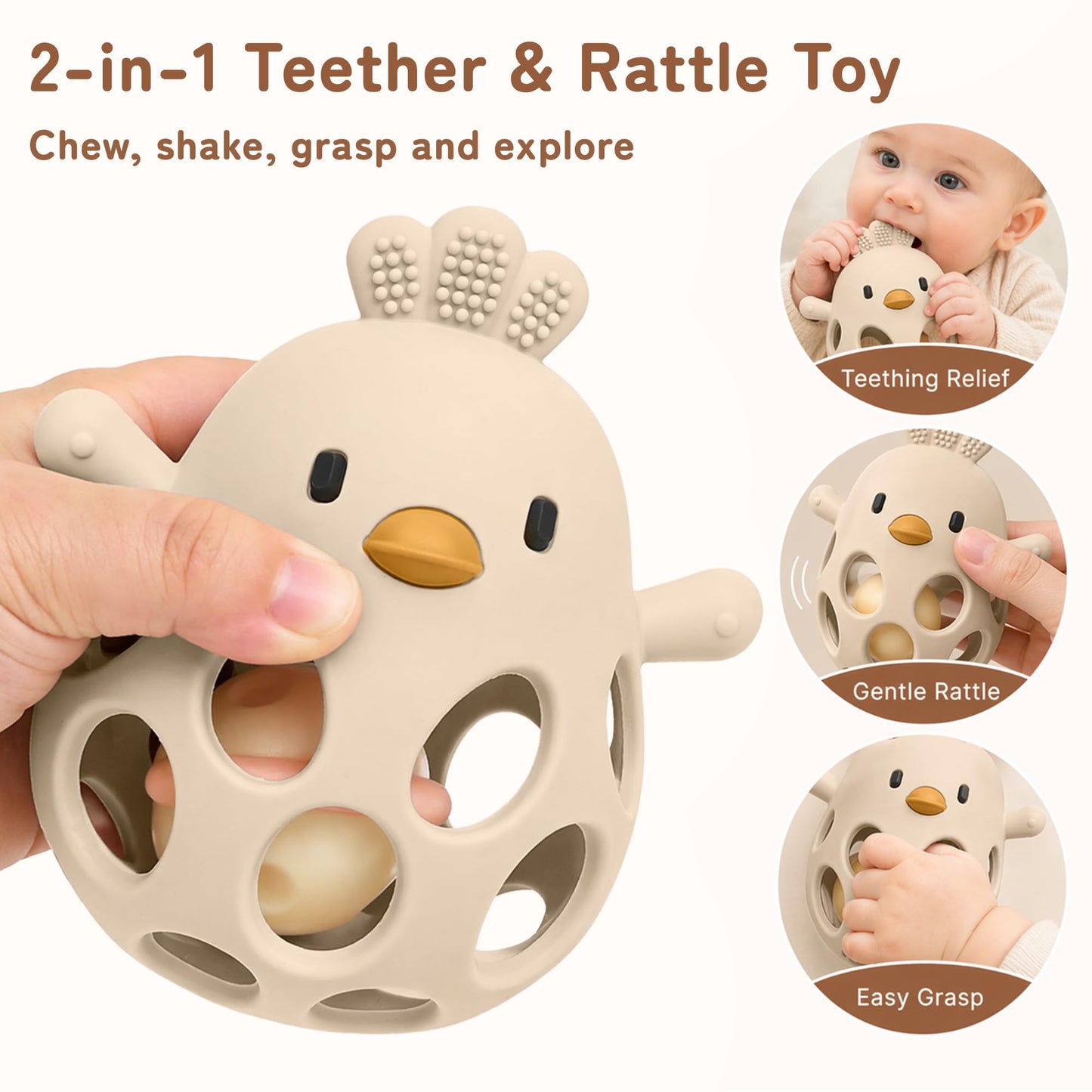 Tinabless 2-in-1 Baby Teether Rattle Toy, Easy Grip Silicone Teething Toy for Babies 3-12 Months, BPA-Free Sensory Chew Toy for Sore Gums, Infant Shower Gift (Beige w/Rattle)