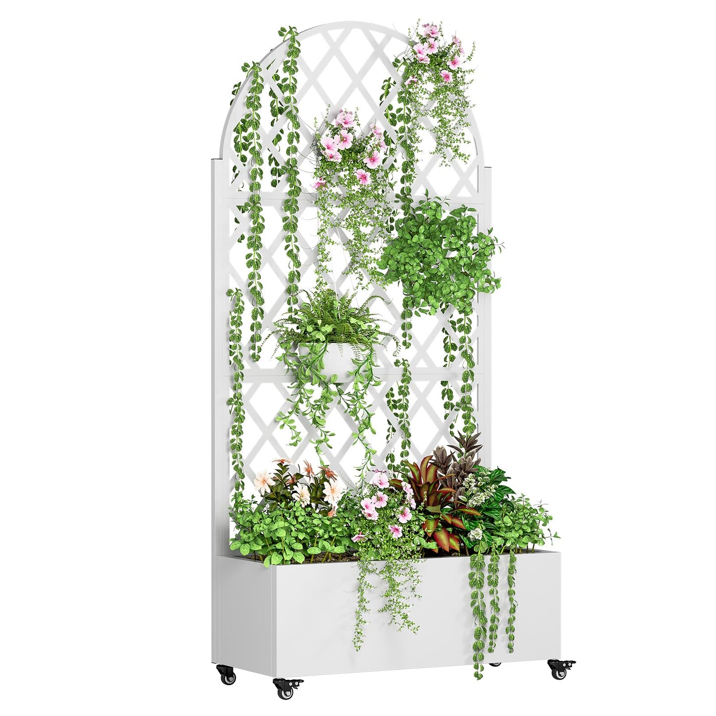 Metal Planter Box with Trellis, Raised Garden Bed with Drainage Hole, Privacy Screen, Wheels, 73"x 35"x 16" Planters Box for Climbing Plants Vegetable Vines, Space-Saving Design, White