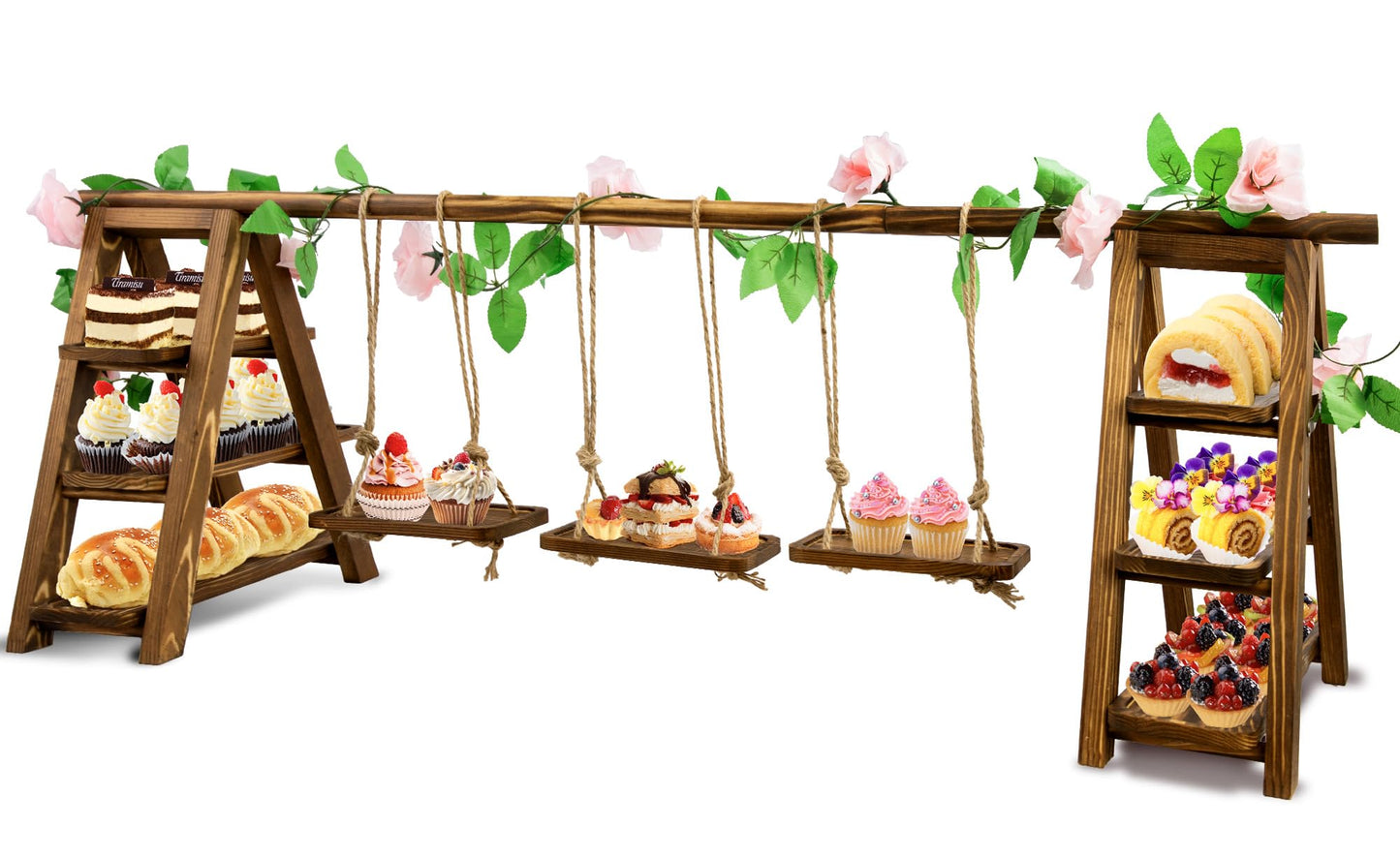 meiqidi Foldable 3-Tier Wooden Cake Stand with Removable Trays & Flower Decor - Display for Cupcakes, Desserts, Fruit, Snacks, Party & Catering Food Presentation