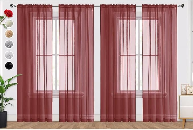 SpaceDresser Burgundy Sheer Curtains 4 Panels Rod Pocket Semi-Sheer Curtain 84 Inches Long Light Filtering Voile Window Drapes for Bedroom Living Room Kitchen, Each 52W x 84L