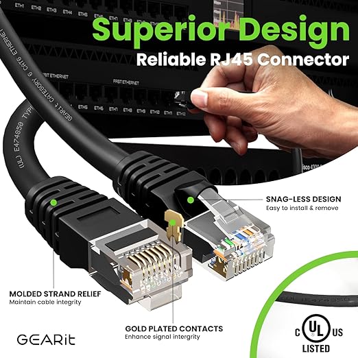 GEARit Cat 6 Ethernet Cable Pack - 100-Pack 1 ft Cat6 Ethernet Patch Cables | RJ45 Network Patch Cable, 10 Gbps Snagless Gold-Plated Connectors - Ethernet Cable Cat 6 for PC, TV, Router - Black