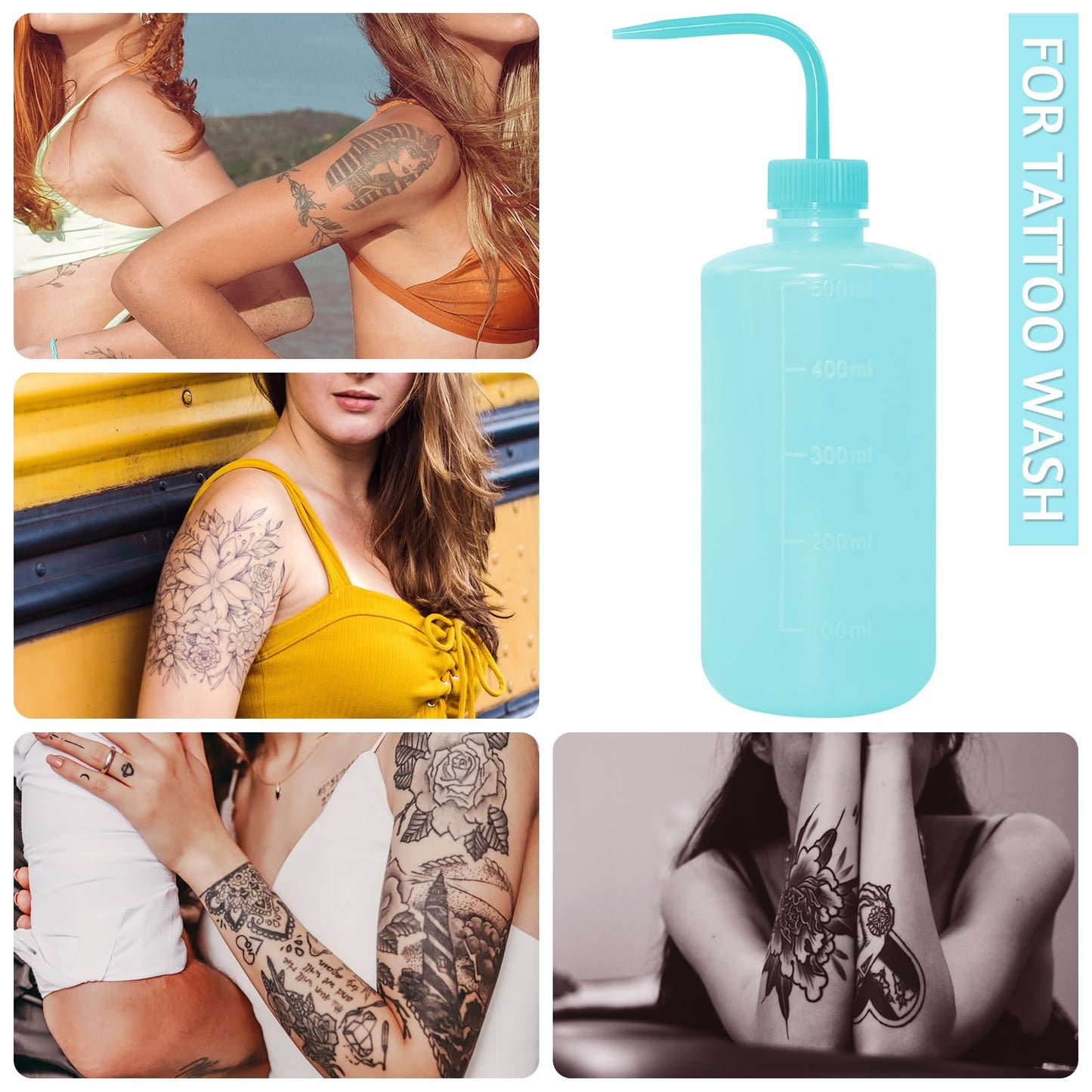 Grosun 4 Packs Tattoo Wash Bottle Water Squirt Squeeze Diffuser Bottles (Light Blue, 500ml)