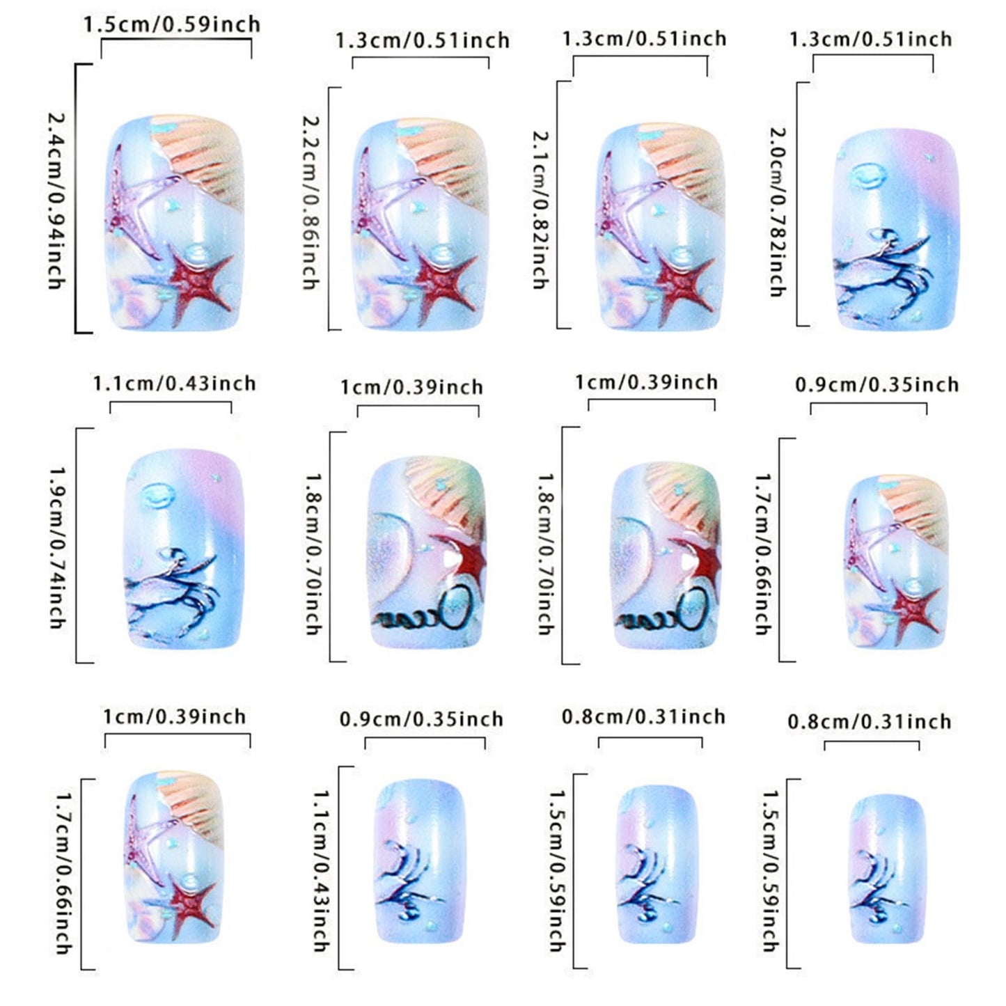GCSQW Summer Press On Nails Medium Square Acrylic False Nails 24Pcs with Shell Starfish Designs Ocean Style Glossy Full Cover Stick on Nails Kit